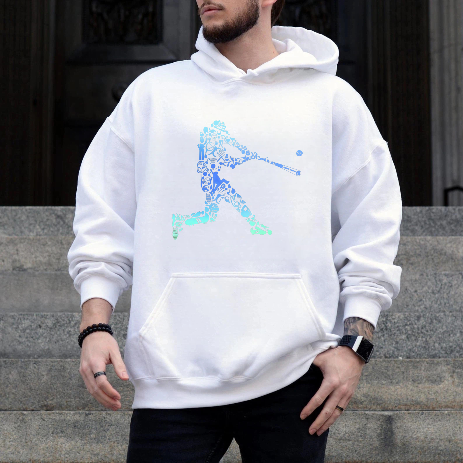 Dorawear™ Baseball Player Silhouette Design Black Hoodie With Blue Graphic Art For Sports Fans And Casual Wear-Dorawear