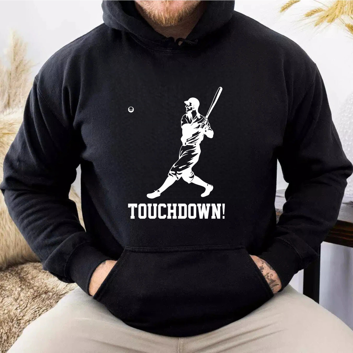 Dorawear™ Touchdown Baseball Player Hoodie Black Sweatshirt With Graphic Design For Sports Fans(1)