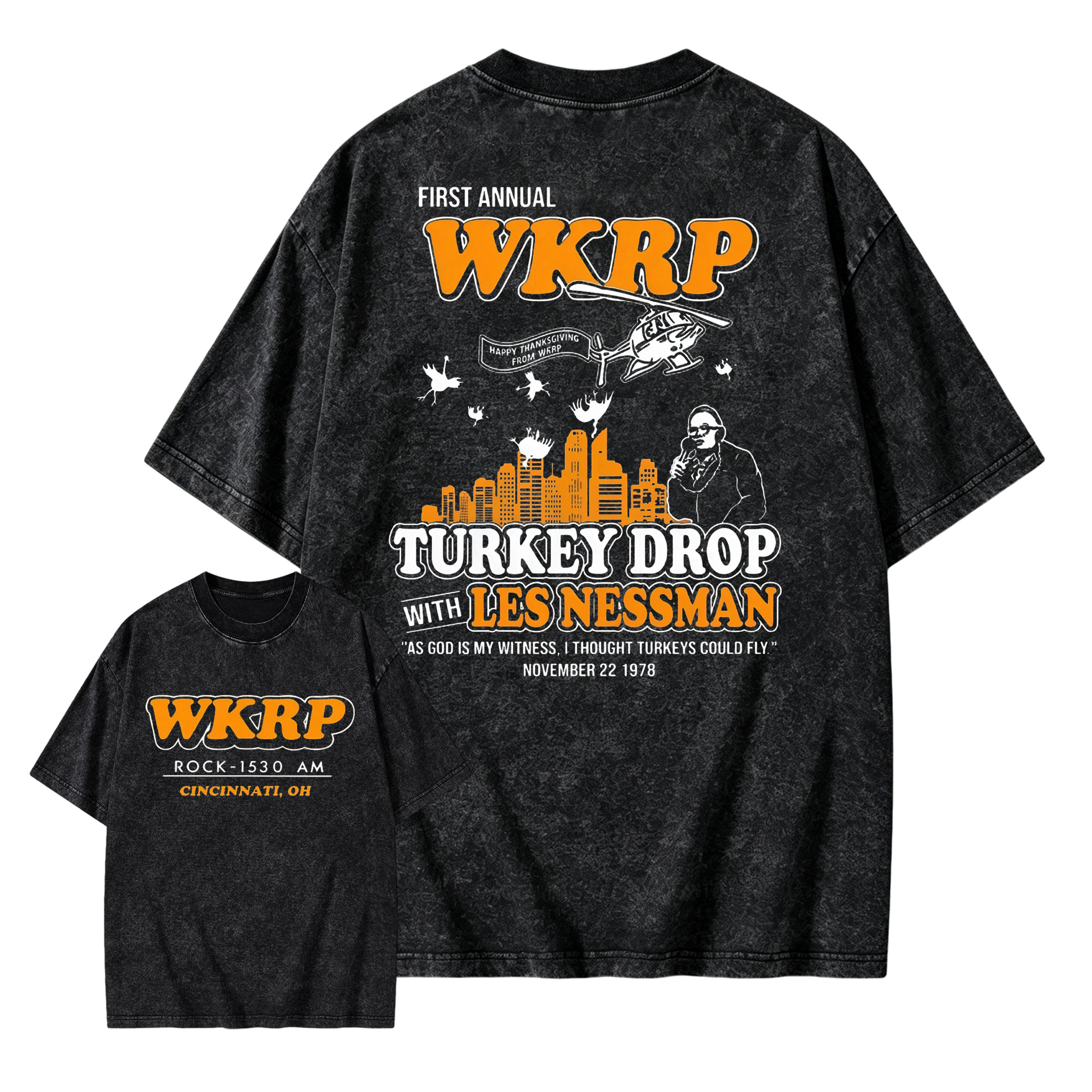WKRP Turkey Drop T-Shirt, Les Nessman Thanksgiving Graphic Washed T-shirt