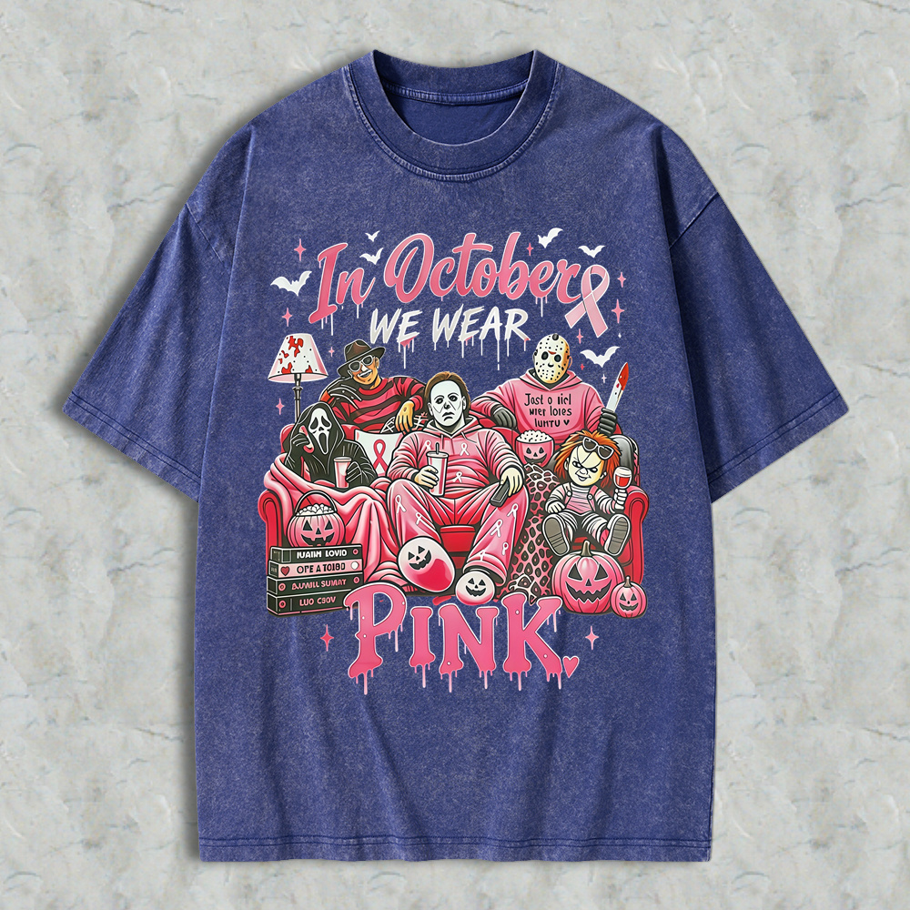In October We Wear Pink Horror Movie Characters Print Breast Cancer Awareness Graphic Washed T-shirt