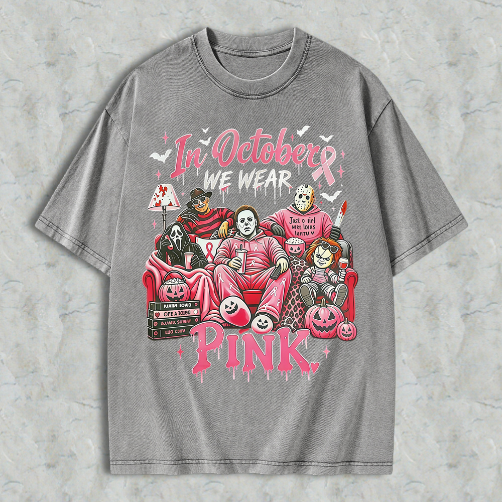 In October We Wear Pink Horror Movie Characters Print Breast Cancer Awareness Graphic Washed T-shirt