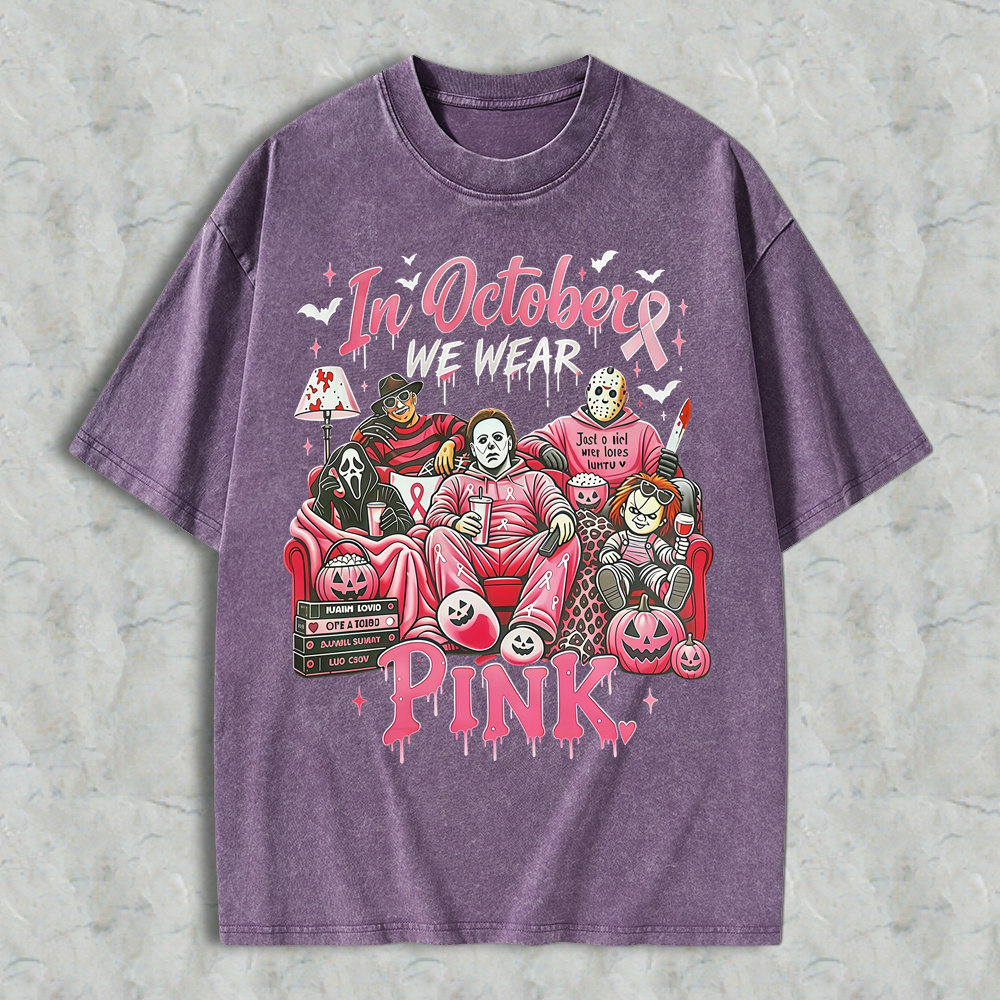 In October We Wear Pink Horror Movie Characters Print Breast Cancer Awareness Graphic Washed T-shirt