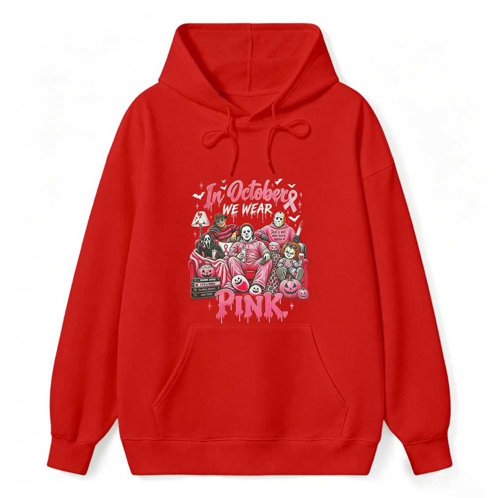 In October We Wear Pink Horror Movie Characters Print Breast Cancer Awareness Graphic Hoodie