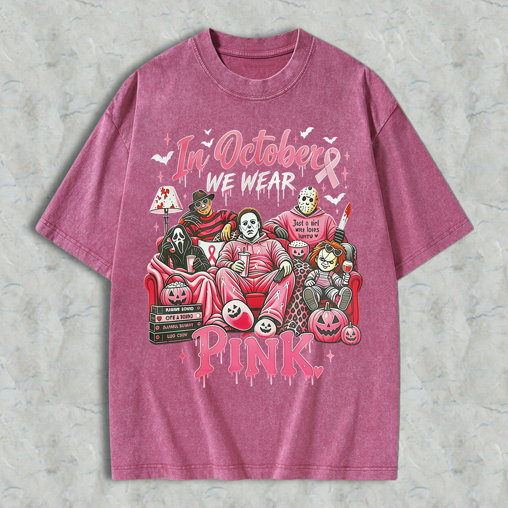 In October We Wear Pink Horror Movie Characters Print Breast Cancer Awareness Graphic Washed T-shirt