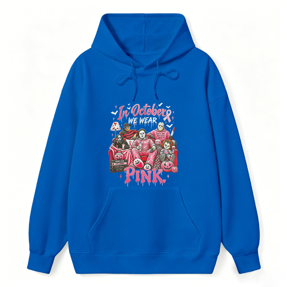 In October We Wear Pink Horror Movie Characters Print Breast Cancer Awareness Graphic Hoodie