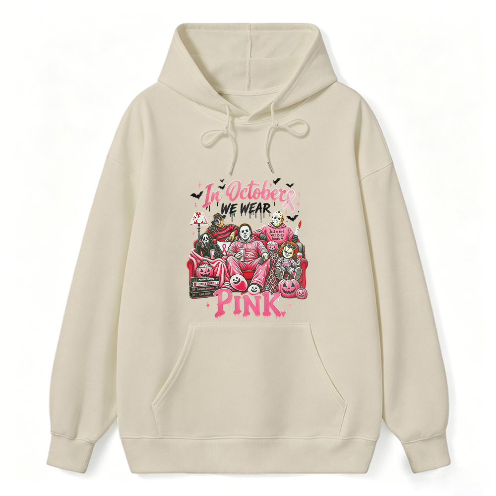 In October We Wear Pink Horror Movie Characters Print Breast Cancer Awareness Graphic Hoodie