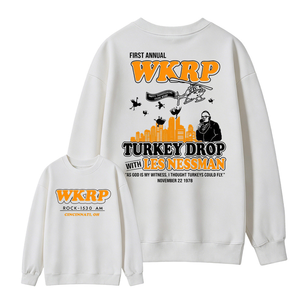 WKRP Turkey Drop T-Shirt, Les Nessman Thanksgiving Graphic Tee Sweatshirt