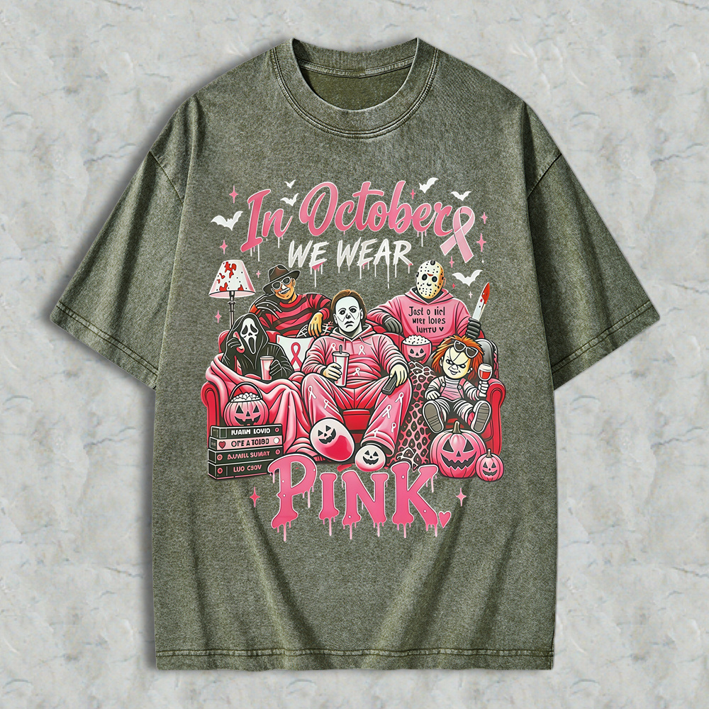 In October We Wear Pink Horror Movie Characters Print Breast Cancer Awareness Graphic Washed T-shirt