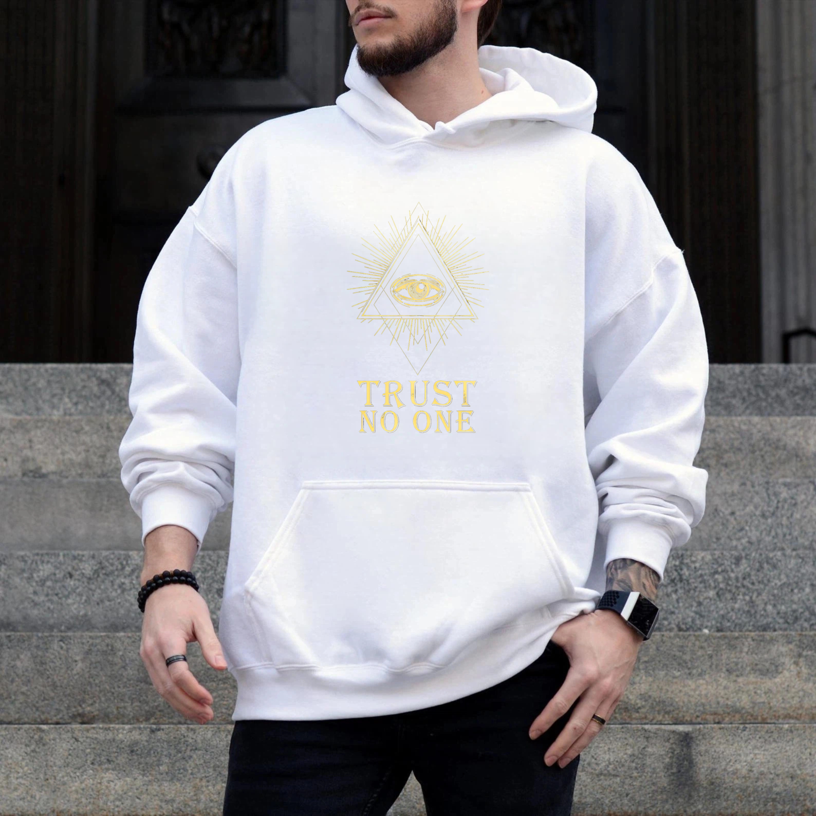 Dorawear™ Trust No One All Seeing Eye Hoodie Black Gold Print Mystical Symbol Sweatshirt Men Women Unisex Fashion Apparel-Dorawear