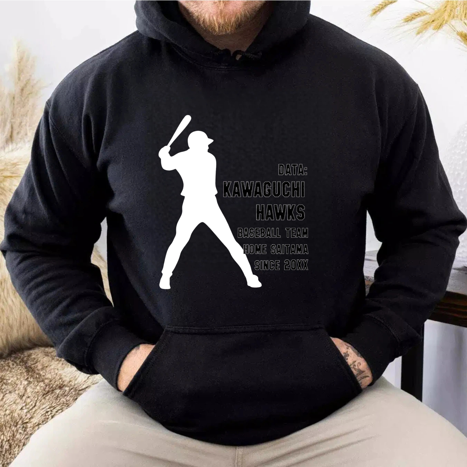 Dorawear™ Kawaguchi Hawks Baseball Team Hoodie Black With White Batting Silhouette And Team Text Since 20XX Design For Fans And Players-Dorawear