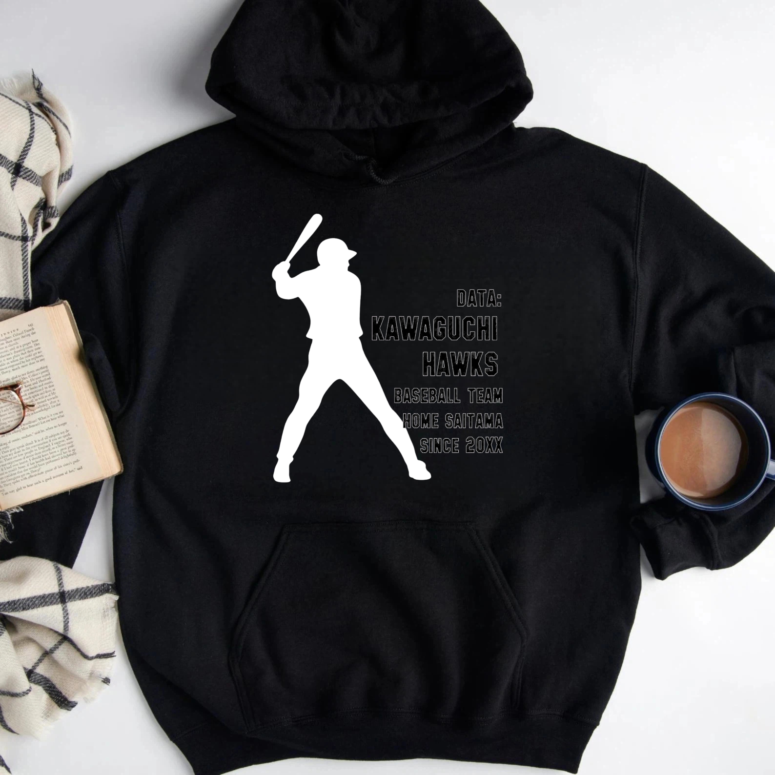 Dorawear™ Kawaguchi Hawks Baseball Team Hoodie Black With White Batting Silhouette And Team Text Since 20XX Design For Fans And Players-Dorawear