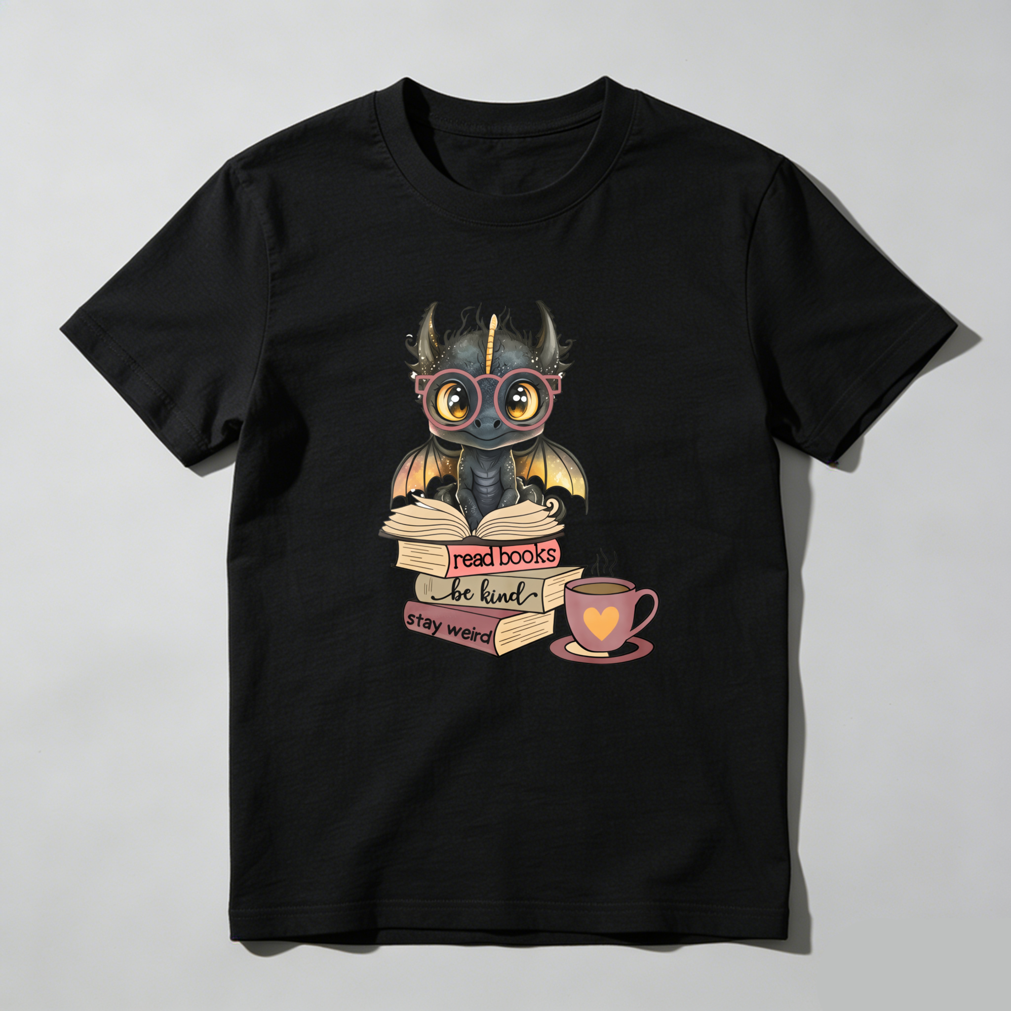 Dorawear Dragon With Books And Coffee Cup T Shirt