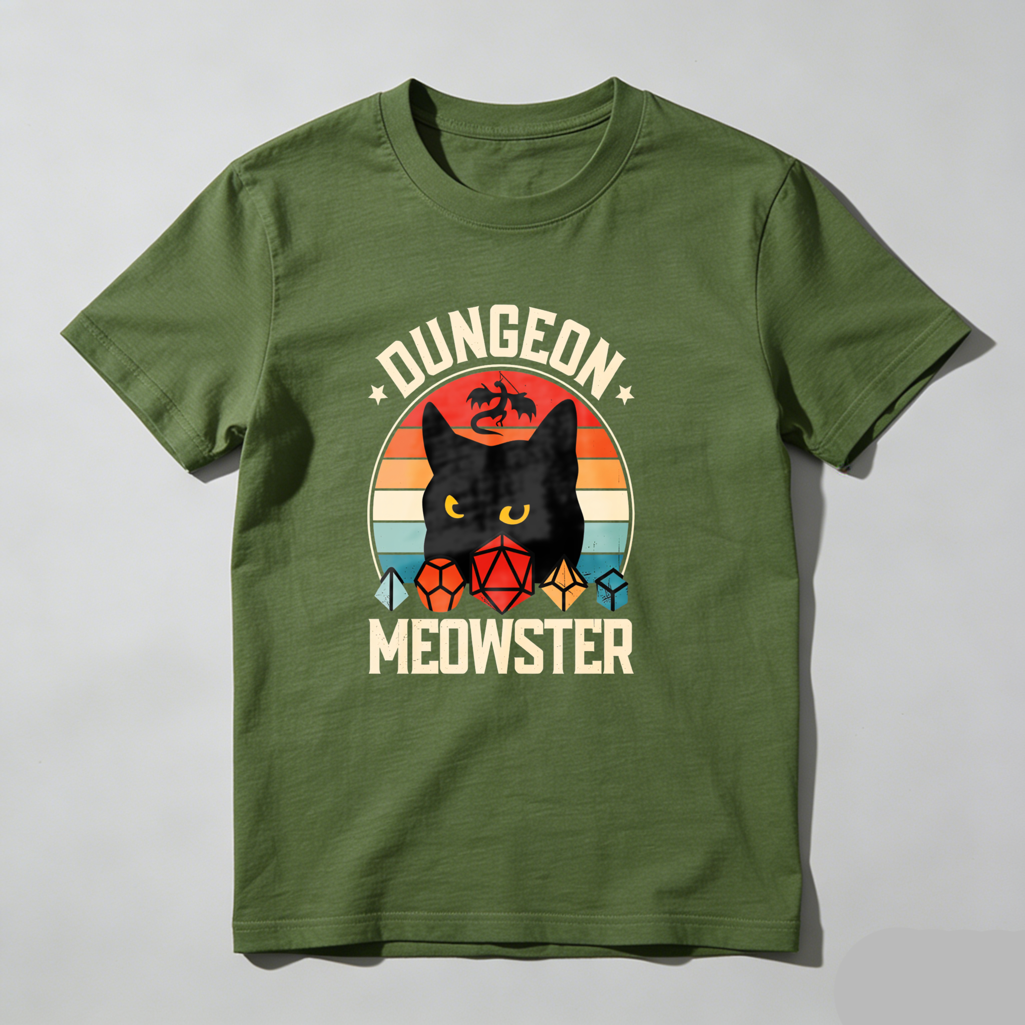 Dungeon Meowster Cat Dragon Dice Sunset tshirt 100% cotton