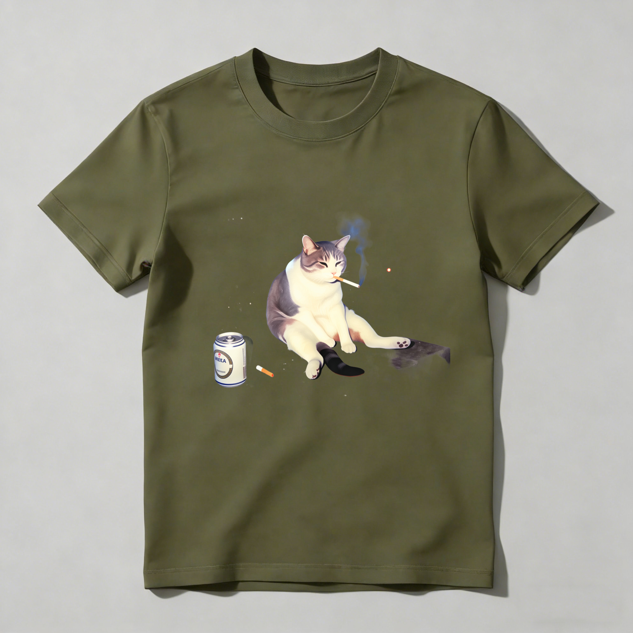Dorawear™ Cat Smoking Cigarette With Beer Can T Shirt