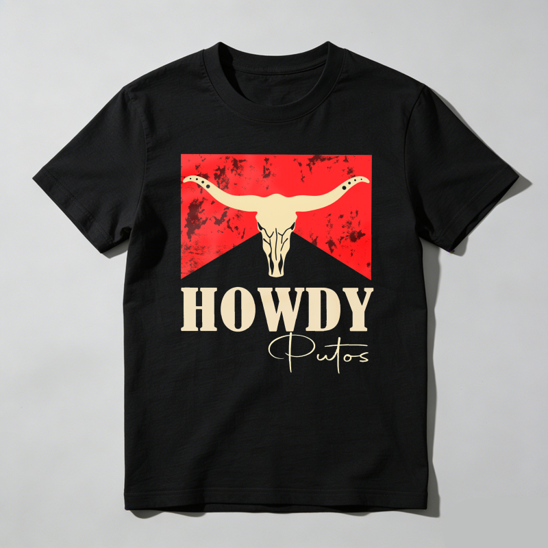 Dorawear™ Cow Skull Red Background Howdy Putos T Shirt 100% cotton