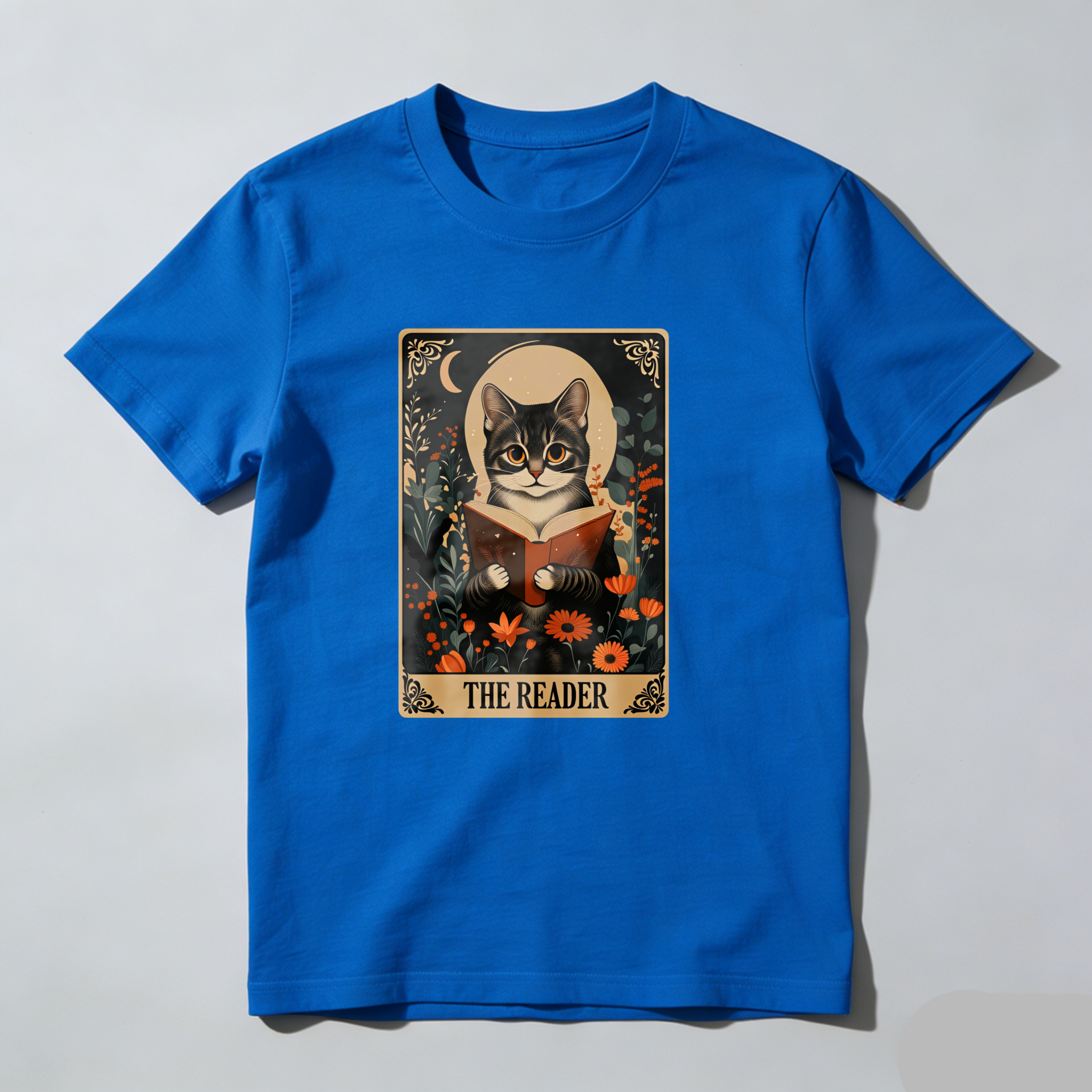 Dorawear™ Cat Reading Book With Flowers And Moon T Shirt