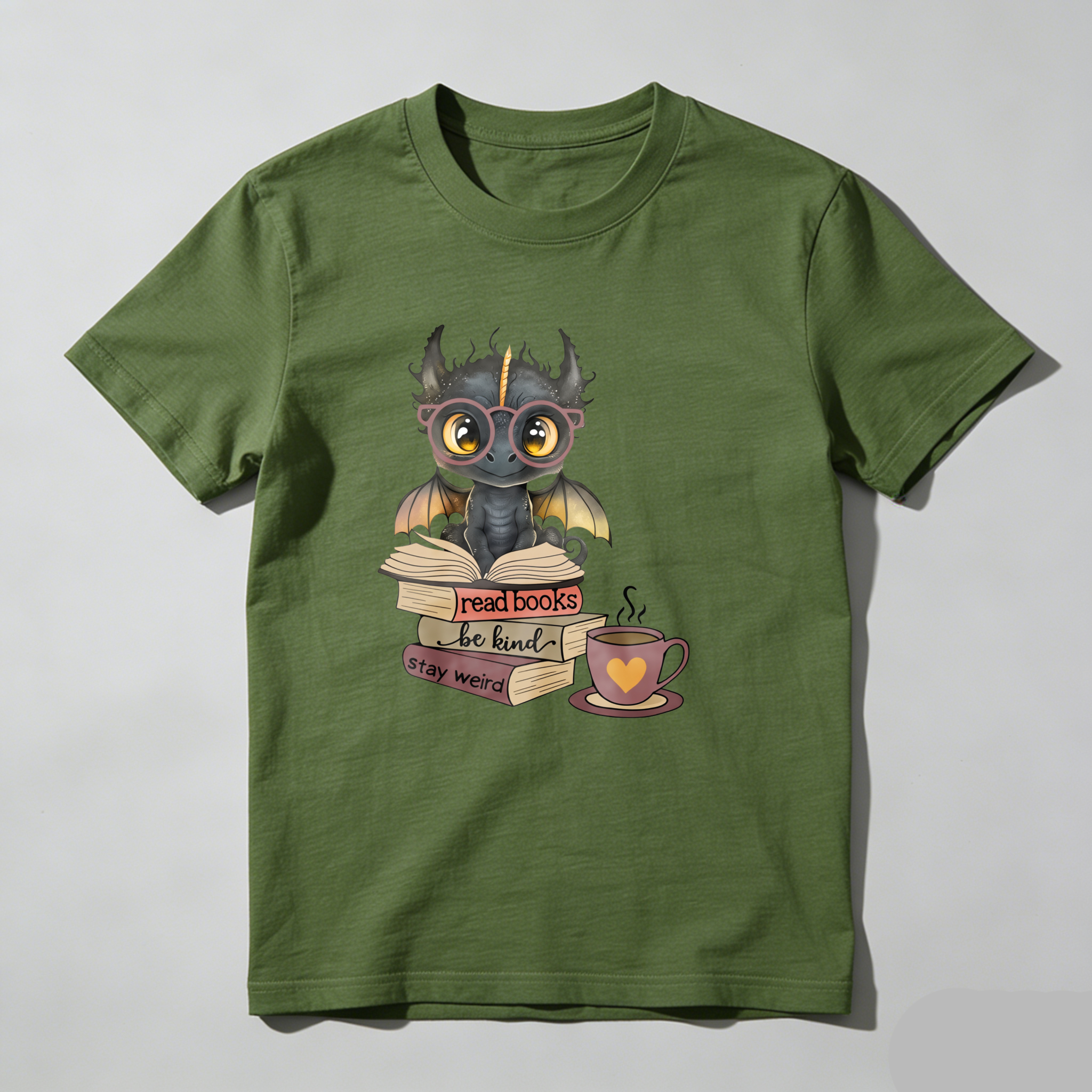 Dorawear™ Dragon Reading Book With Coffee Cup T Shirt