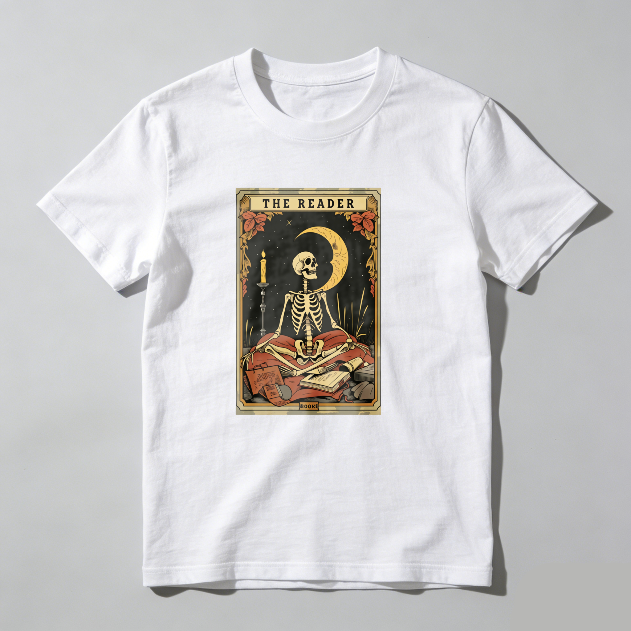 Dorawear™ The Reader Skeleton Reading Book Moon Candle T Shirt