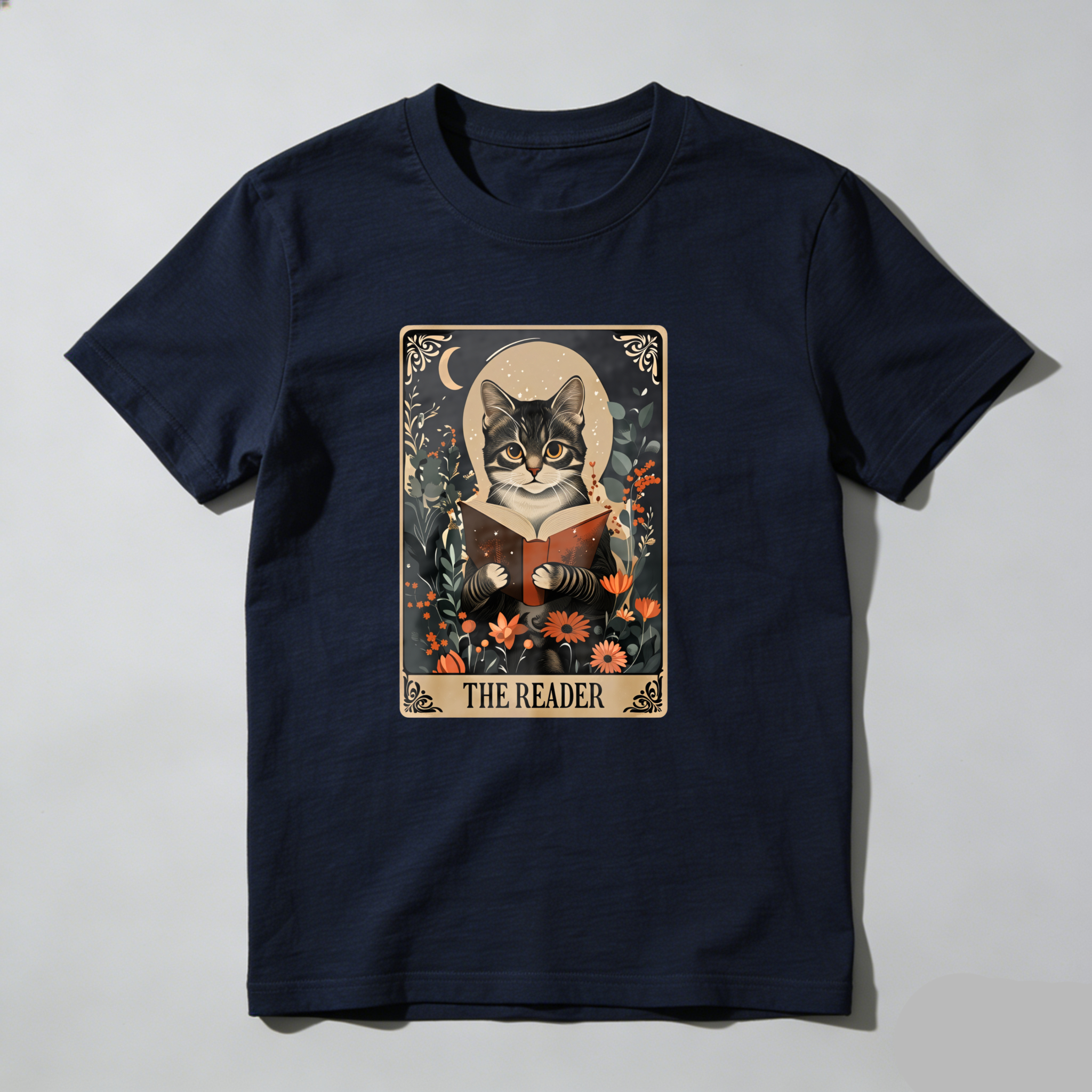 Dorawear™ Cat Reading Book Floral Tarot Card Design T Shirt