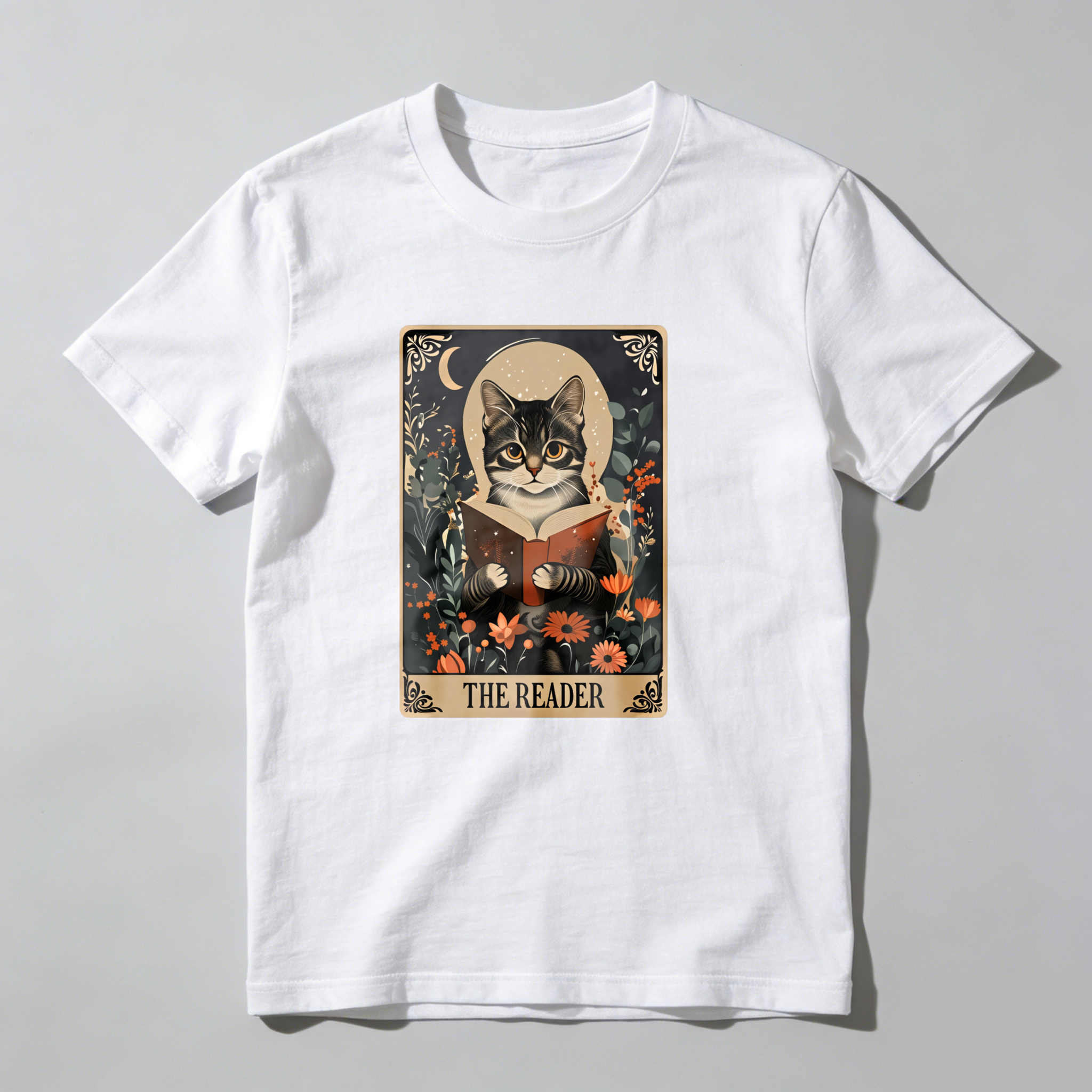 Dorawear™ Cat Reading Book Floral Tarot Card Design T Shirt