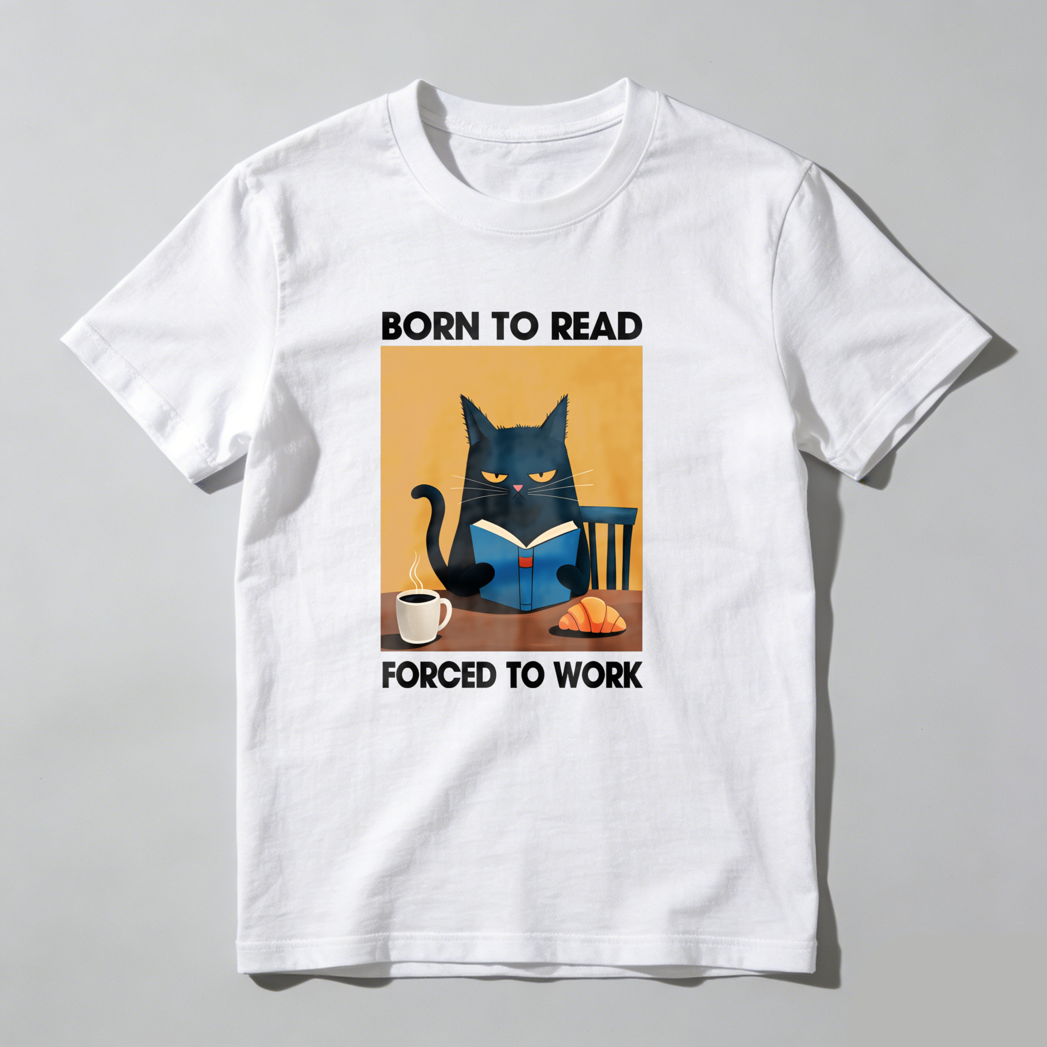 Dorawear™ Cat Reading Book With Coffee And Croissant T Shirt