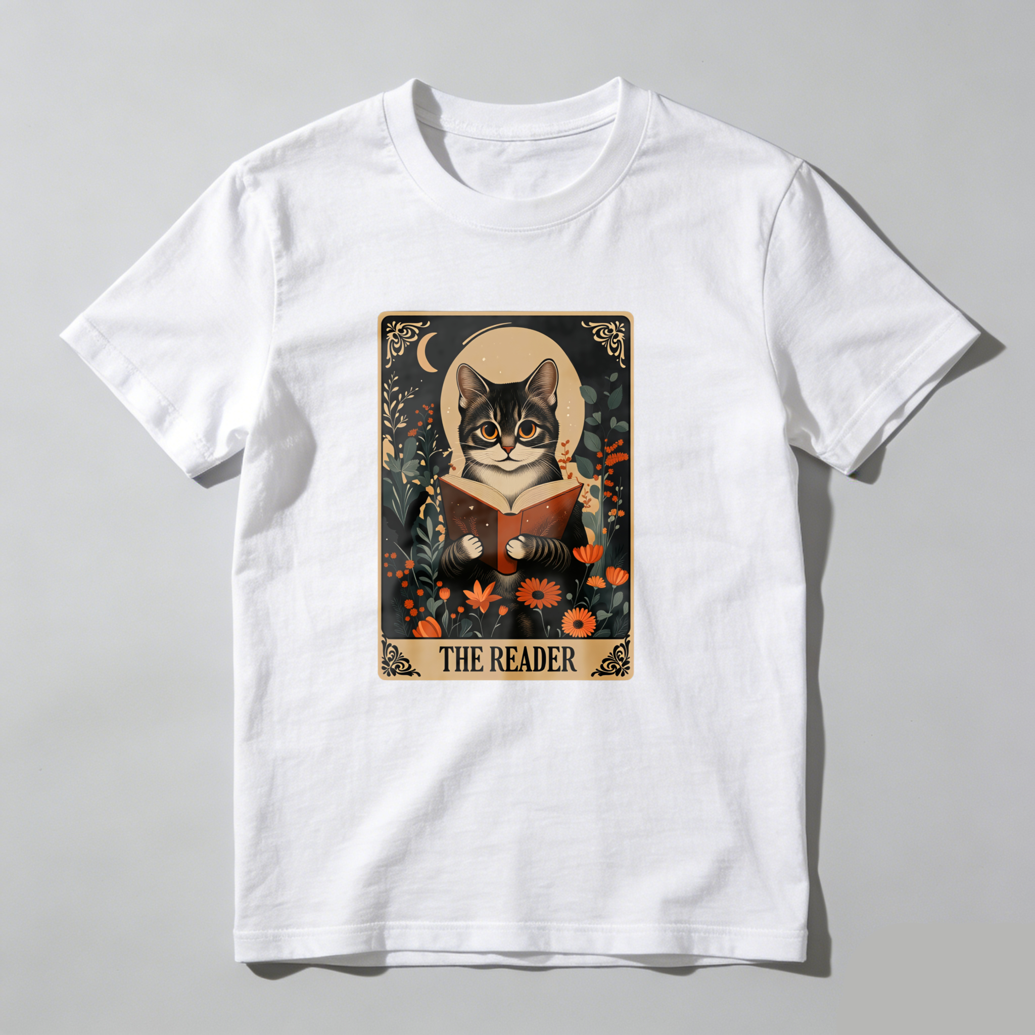 Dorawear™ Cat Reading Book With Flowers And Moon T Shirt