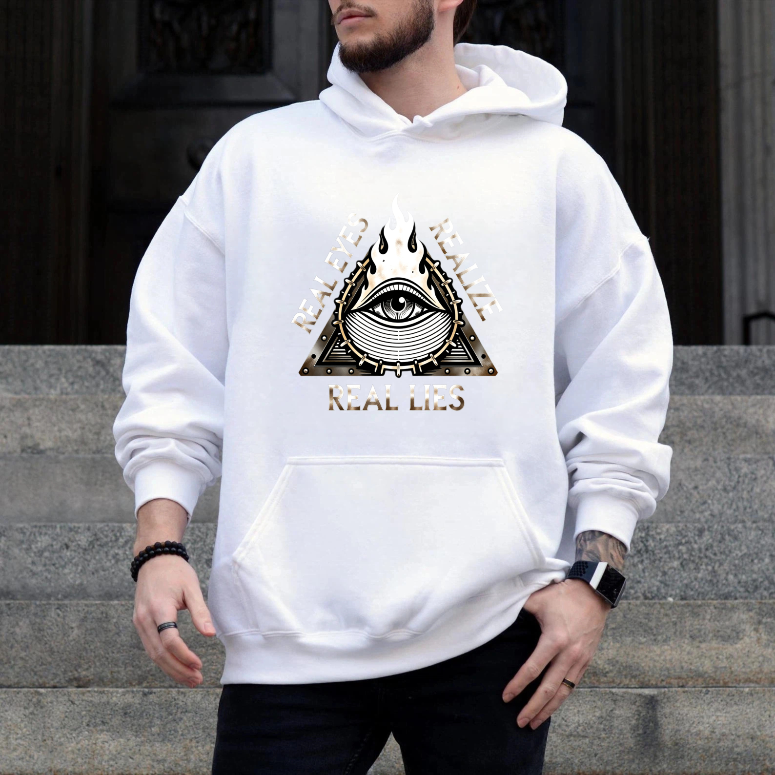 Dorawear™ Real Eyes Realize Real Lies Hoodie Black Eye Symbol Flame Design Unisex Sweatshirt Fashion Statement Clothing-Dorawear