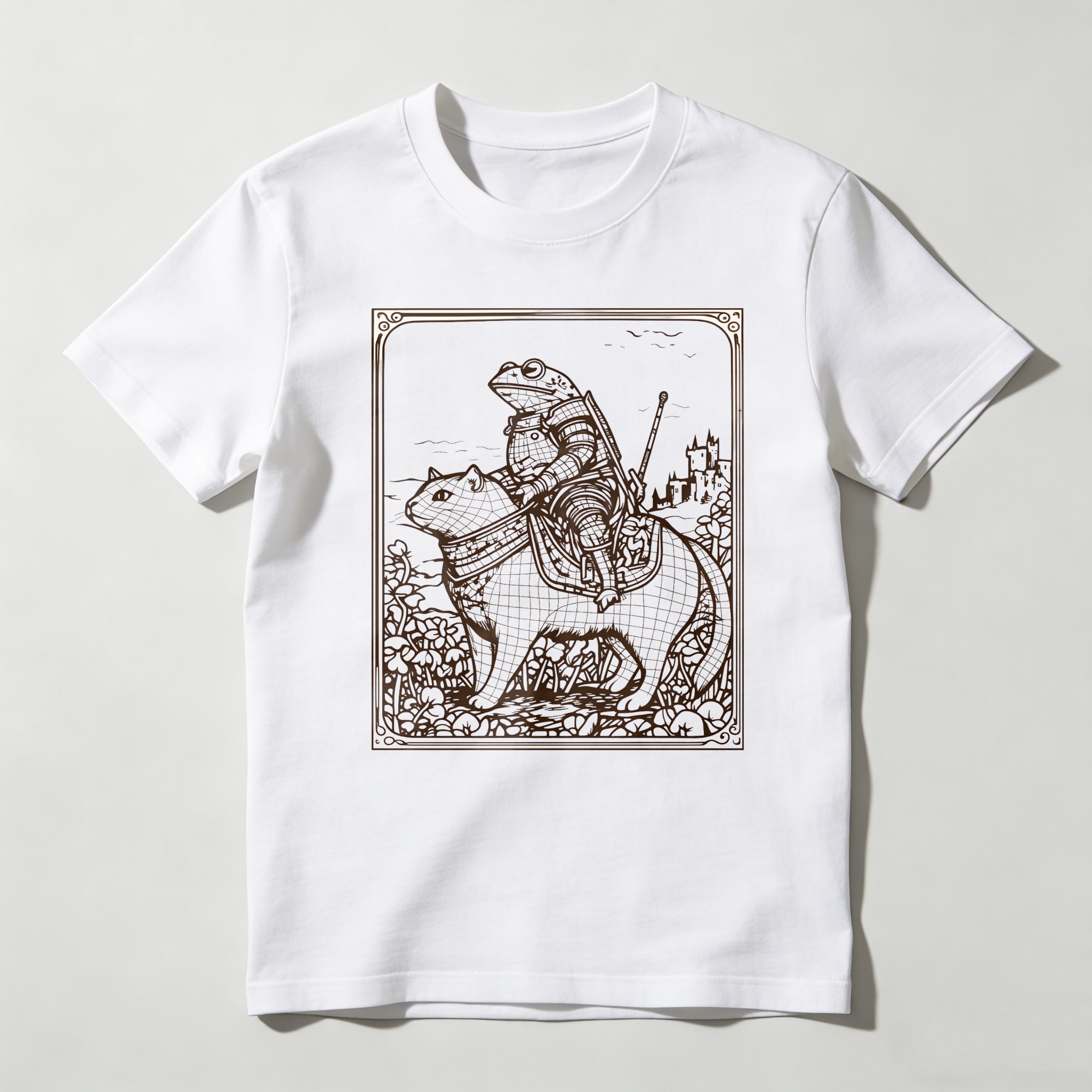 Dorawear™ Frog Knight Riding Cat In Fantasy Landscape T Shirt