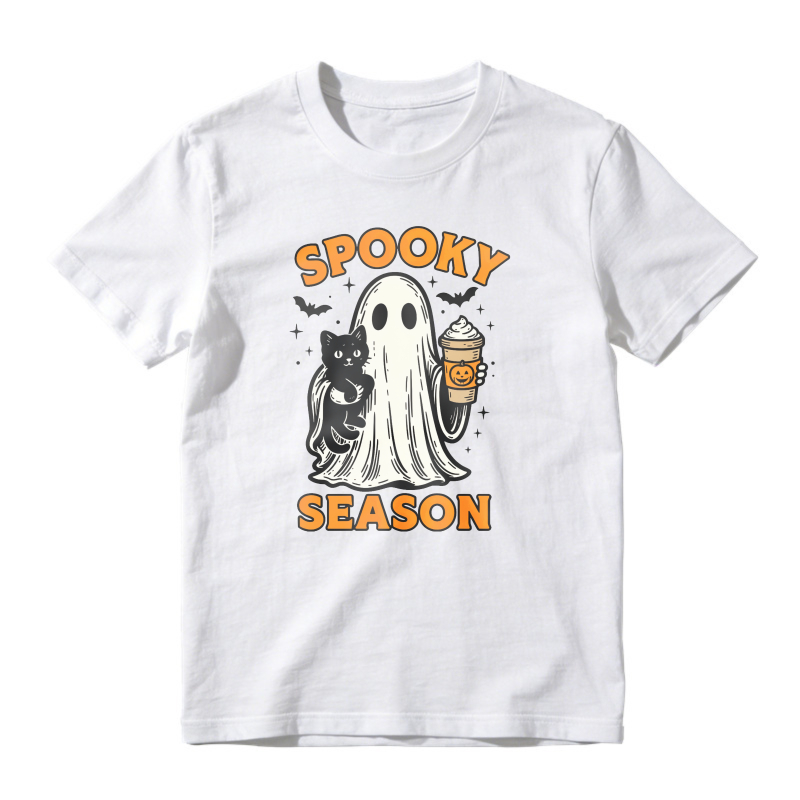 Spooky Season Ghost With Black Cat And Pumpkin Drink, Unisex Classic T-shirt