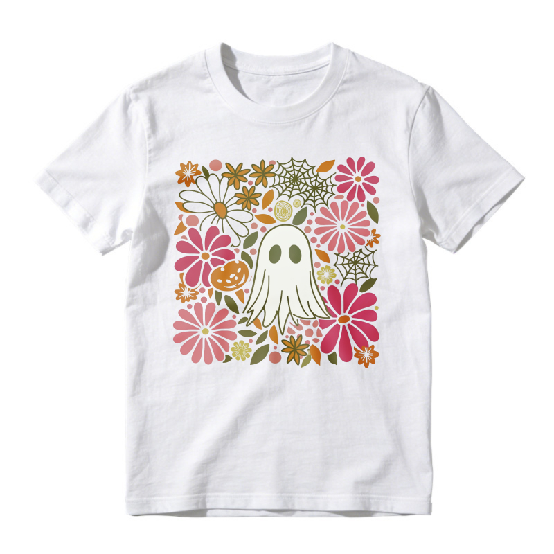 Cute Ghost With Pink Flowers And Spiderwebs Halloween Floral Pattern, Unisex Classic T-shirt