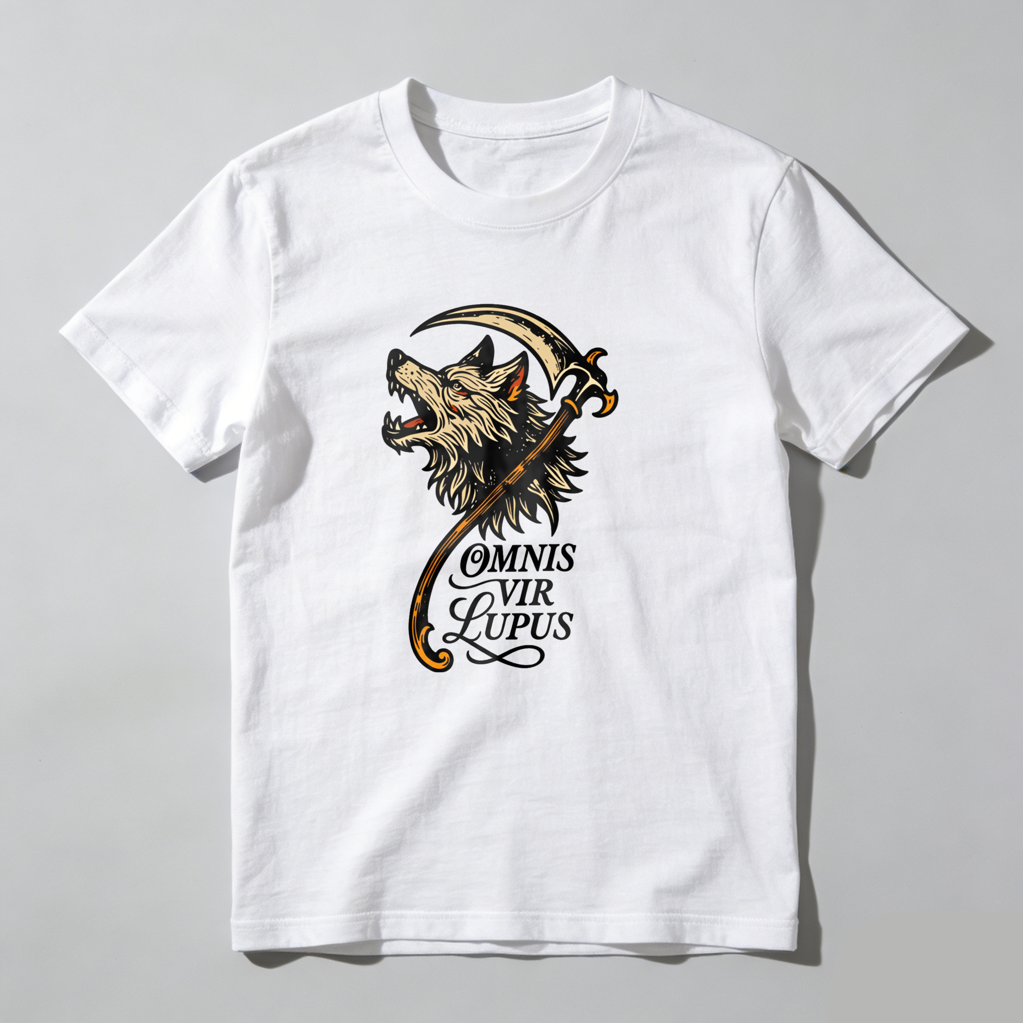 Dorawear Wolf With Scythe And Latin Text T Shirt