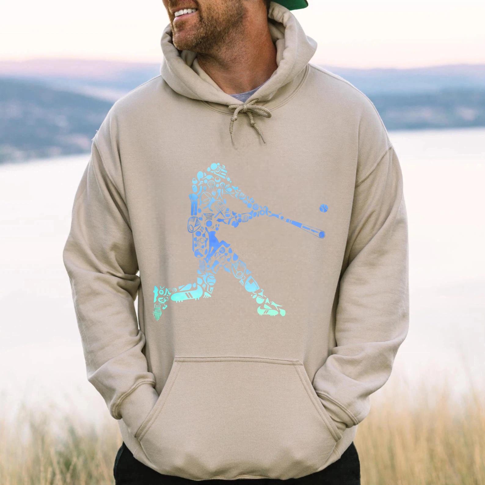 Dorawear™ Baseball Player Silhouette Design Black Hoodie With Blue Graphic Art For Sports Fans And Casual Wear-Dorawear