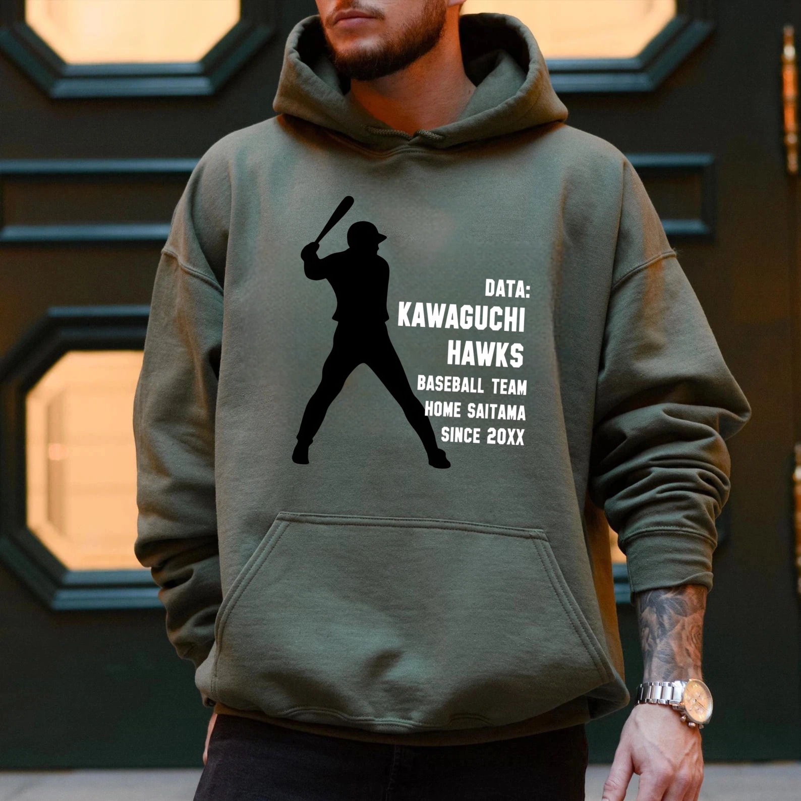 Dorawear™ Kawaguchi Hawks Baseball Team Hoodie Black With White Batting Silhouette And Team Text Since 20XX Design For Fans And Players-Dorawear