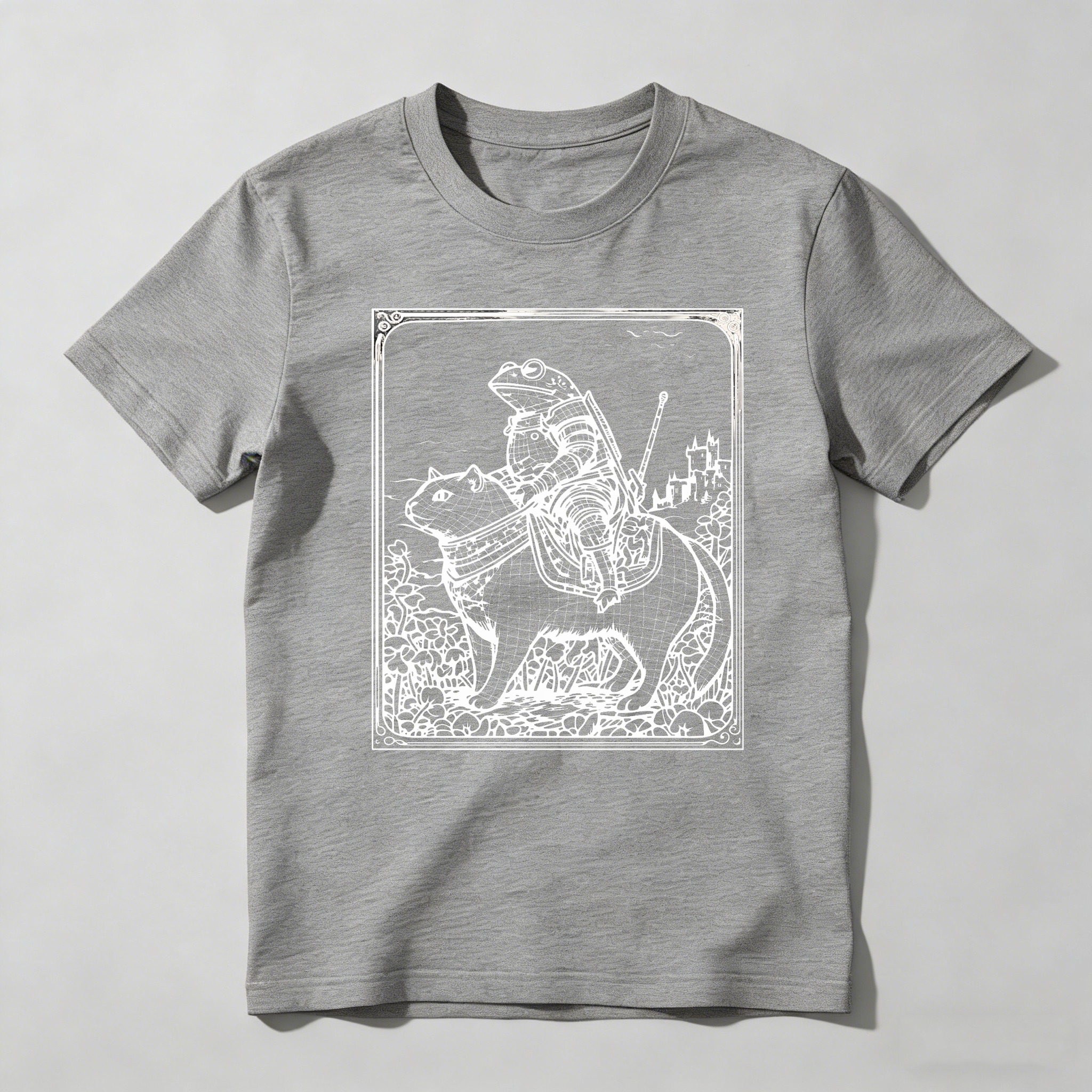 Dorawear™ Frog Knight Riding Cat In Fantasy Landscape T Shirt