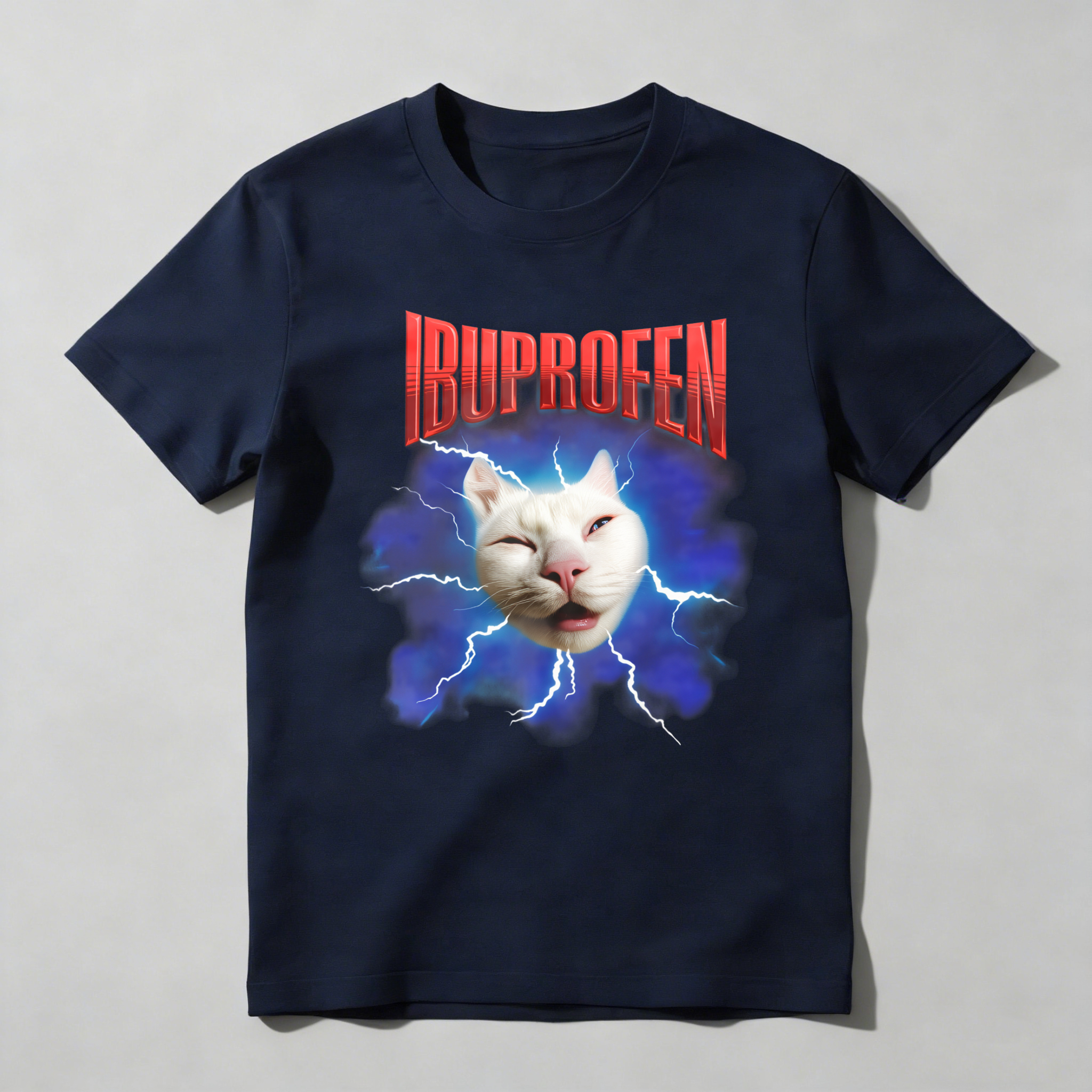 Dorawear™ Ibuprofen Cat Lightning Blue Background T Shirt