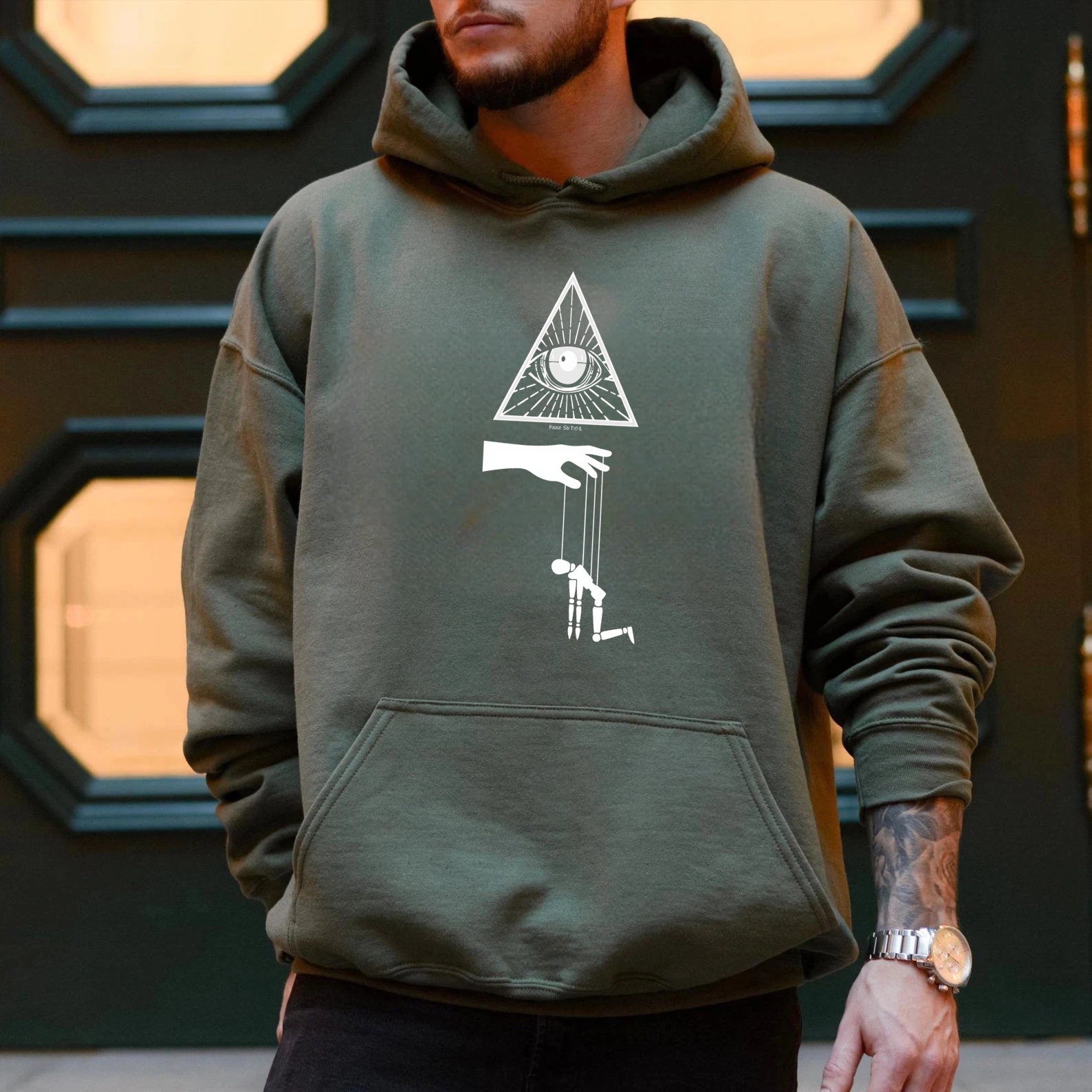 Dorawear™ All Seeing Eye Puppet Control Hoodie Black Sweatshirt With Illuminati Symbol And Hand Manipulating Figure Design For Men Women Unisex Fashion Streetwear Top-Dorawear
