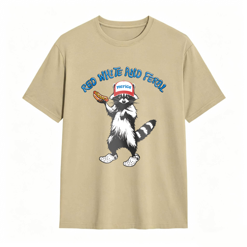 USA Red White Feral Racoon Vintage Hot Dog Party America Patriotic Racoon Tshirt