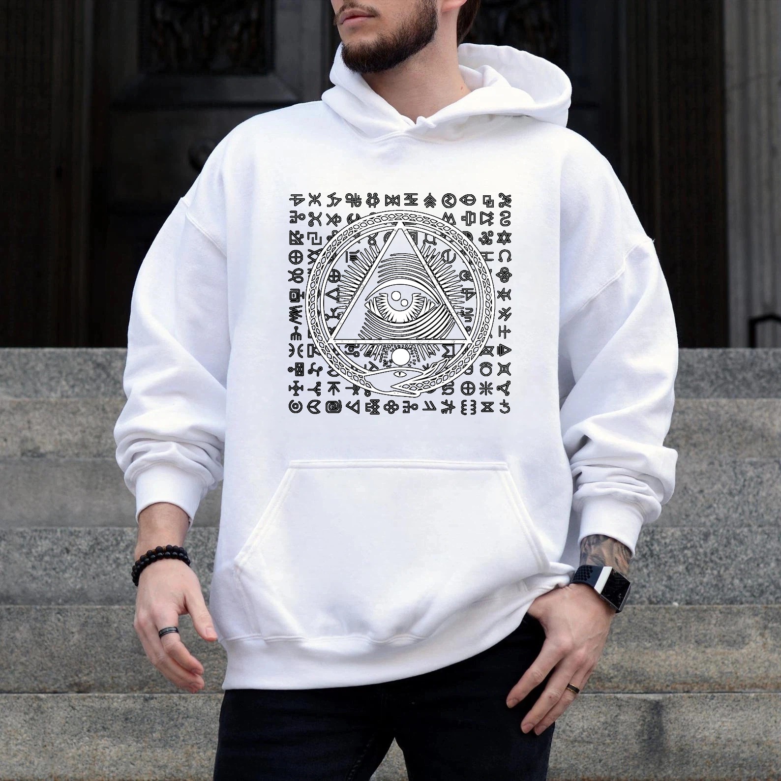 Dorawear™ All Seeing Eye Symbol Hoodie With Mystical Symbols And Ancient Text Design Black Sweatshirt For Men And Women Spiritual Fashion Statement Piece-Dorawear