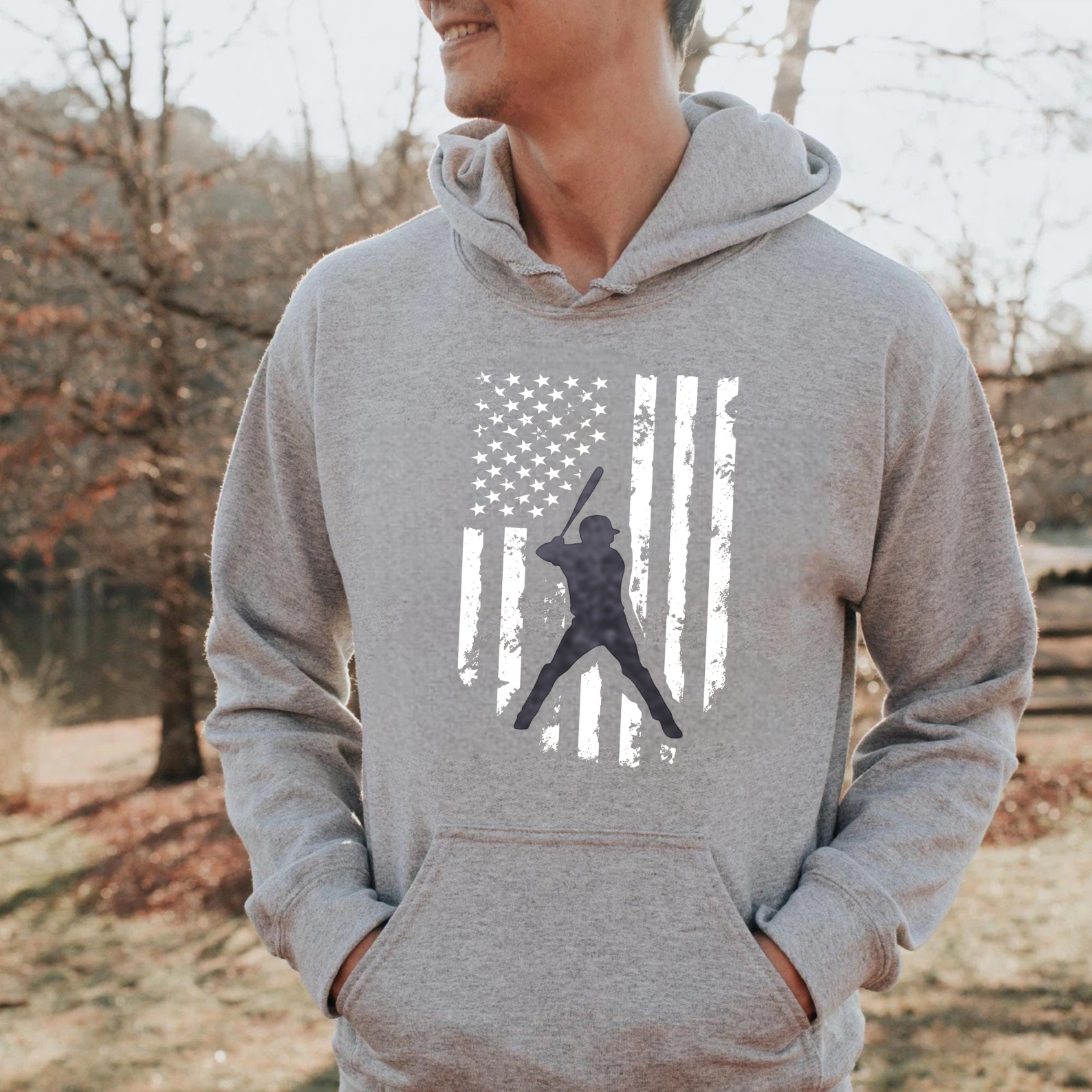 Dorawear™ American Flag Baseball Player Hoodie Black Sweatshirt With Front Pocket And Drawstring Hood Sporty Design For Men Women Unisex Casual Wear-Dorawear
