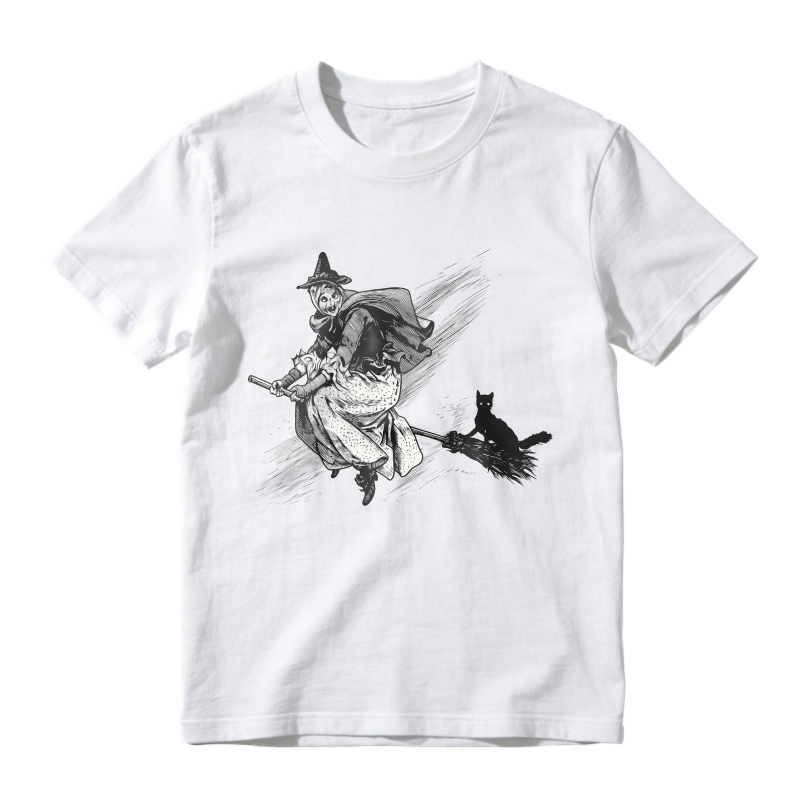 Witch Flying On Broomstick With Black Cat, Unisex Classic T-shirt
