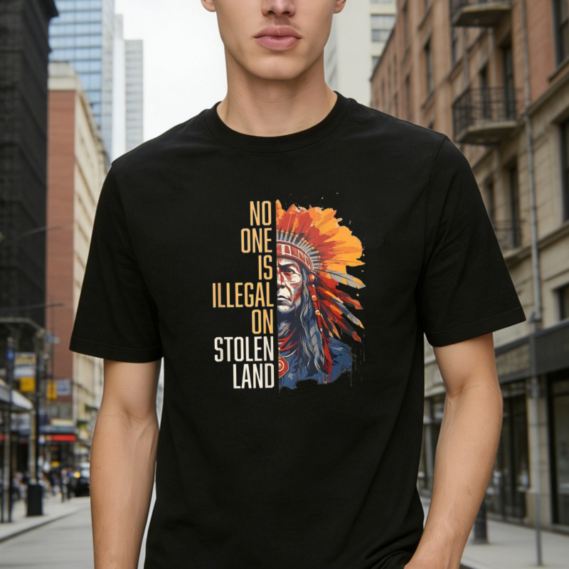 Native American Headdress And Text No One Is Illegal On Stolen Land T-shirt