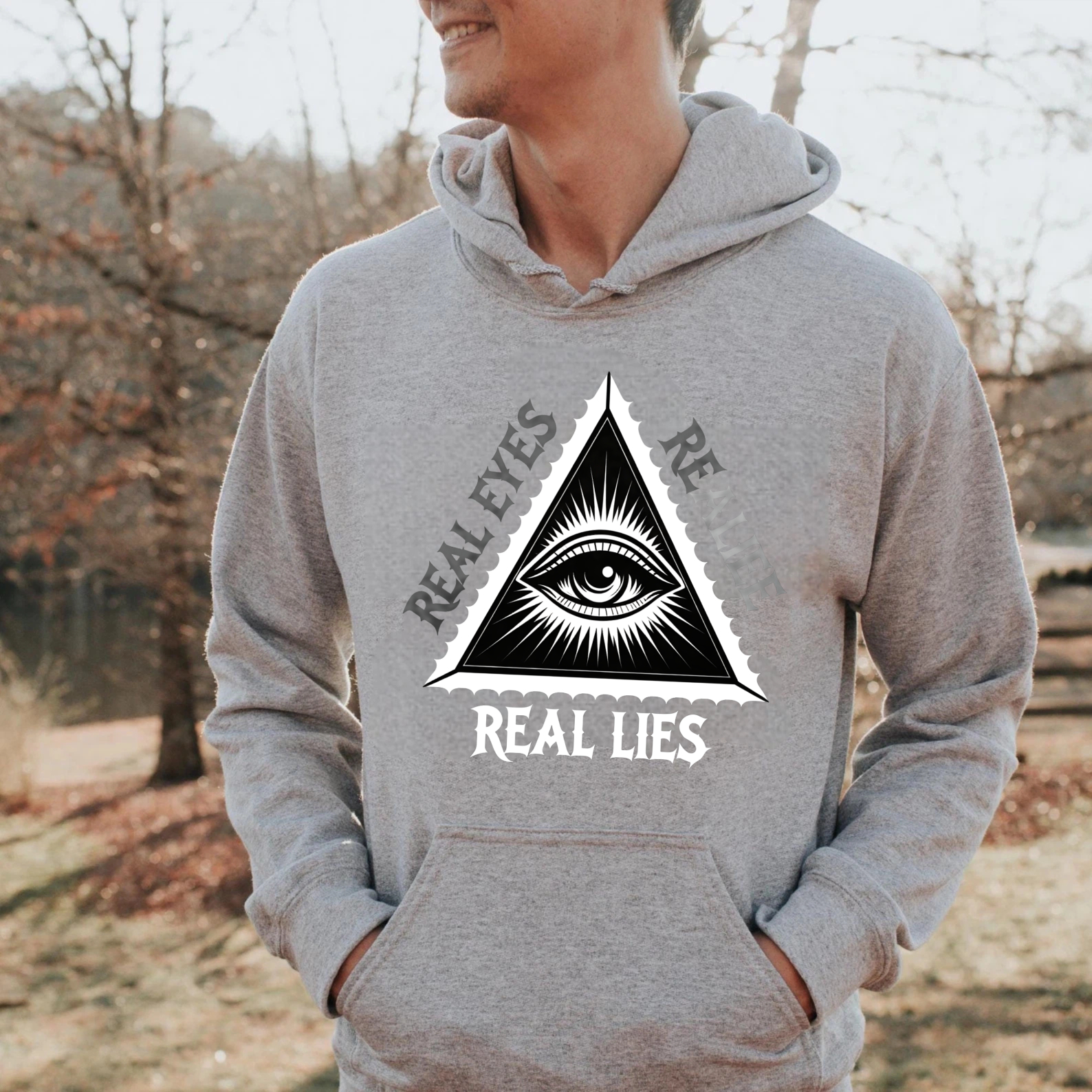 Dorawear™ Real Eyes Real Lies All Seeing Eye Hoodie Black Sweatshirt With Pocket And Drawstring Hood For Men Women Unisex Fashion Streetwear Top-Dorawear