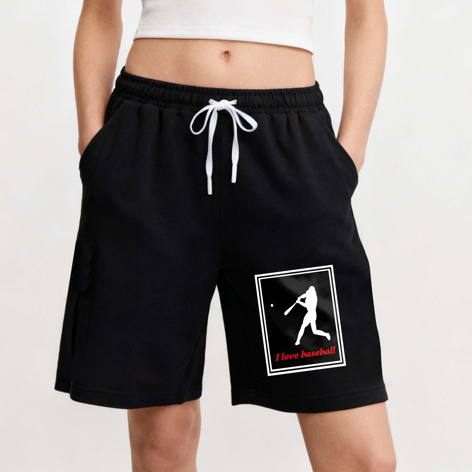 Dorawear™ Baseball Player Silhouette With I Love Baseball Text Shorts-Dorawear