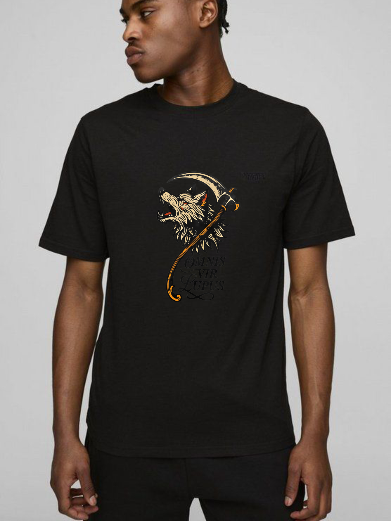 Dorawear Wolf With Scythe And Latin Text T Shirt
