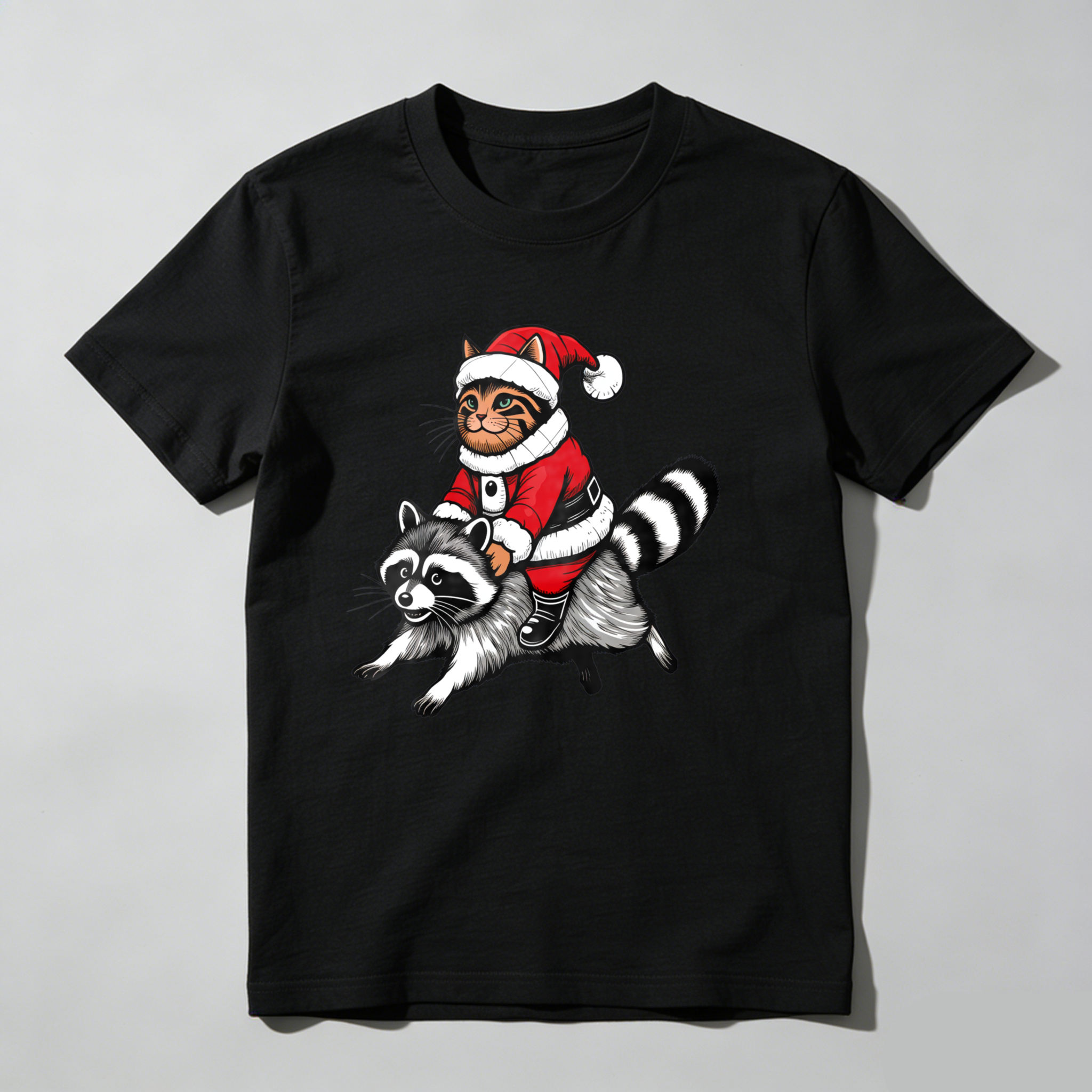 Dorawear™ Cat In Santa Suit Riding Raccoon T Shirt