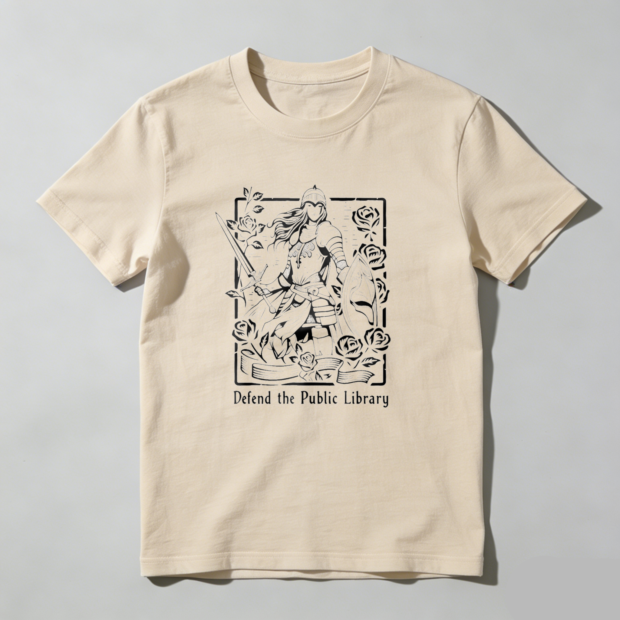 Dorawear™ Defend The Public Library Warrior With Sword And Roses T Shirt