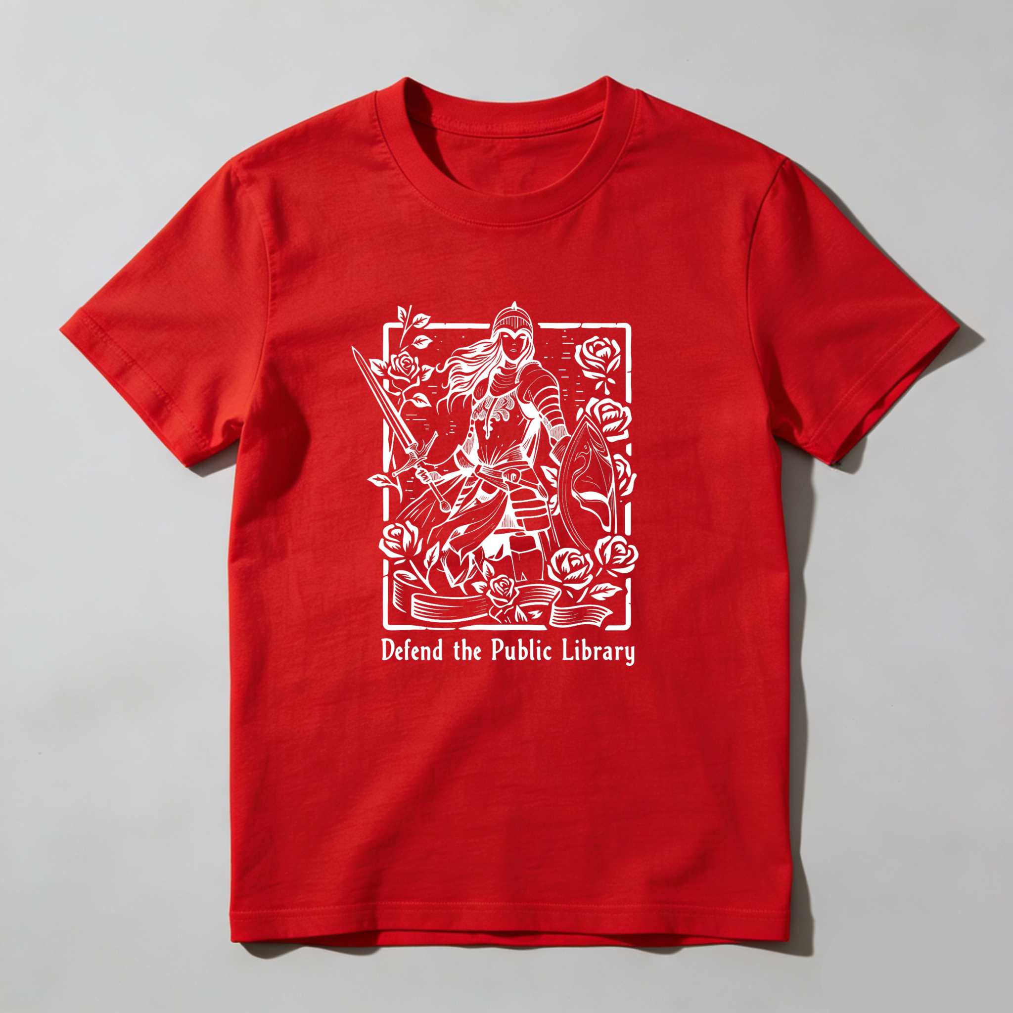 Dorawear™ Defend The Public Library Warrior With Sword And Roses T Shirt