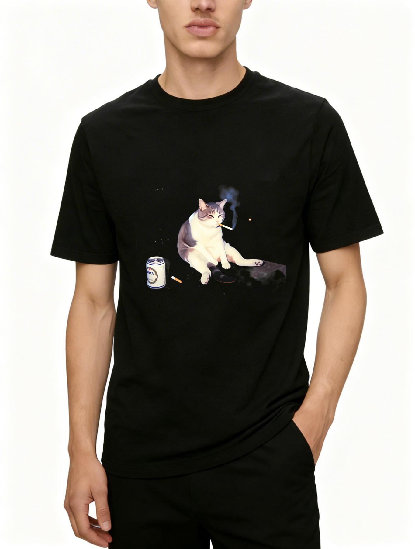 Dorawear™ Cat Smoking Cigarette With Beer Can T Shirt