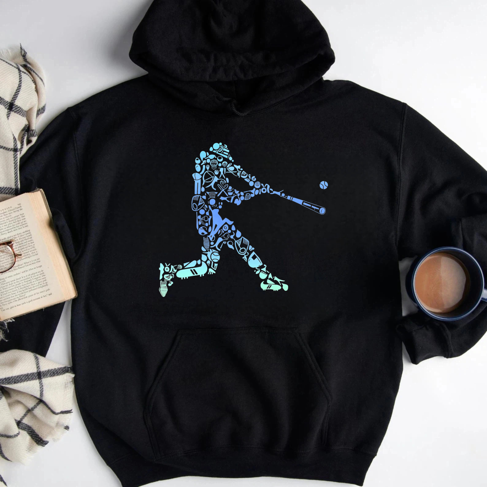 Dorawear™ Baseball Player Silhouette Design Black Hoodie With Blue Graphic Art For Sports Fans And Casual Wear-Dorawear