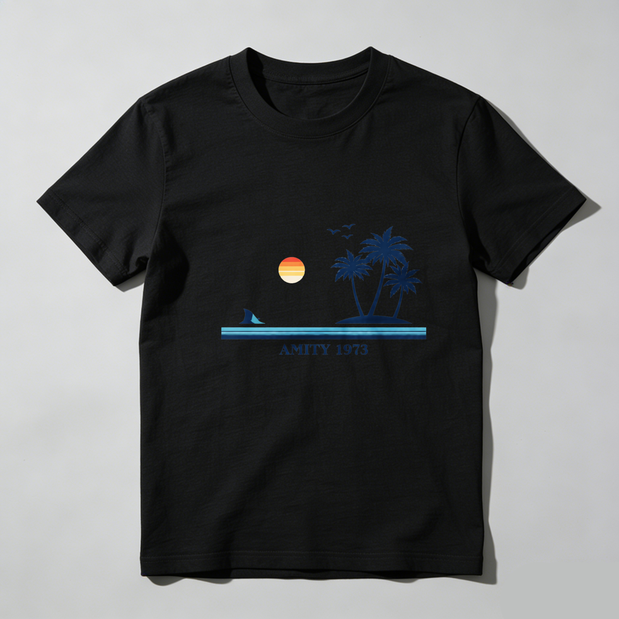 Dorawear™ Sunset Palm Trees Shark Amity 1973 Pure Cotton Short Sleeve T Shirt-Dorawear